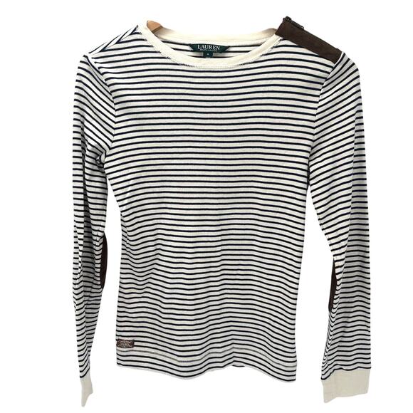 Lauren Ralph Lauren Tops - Lauren Ralph Lauren Shirt Womens Medium Cream Blue Stripe Faux Suede Detail